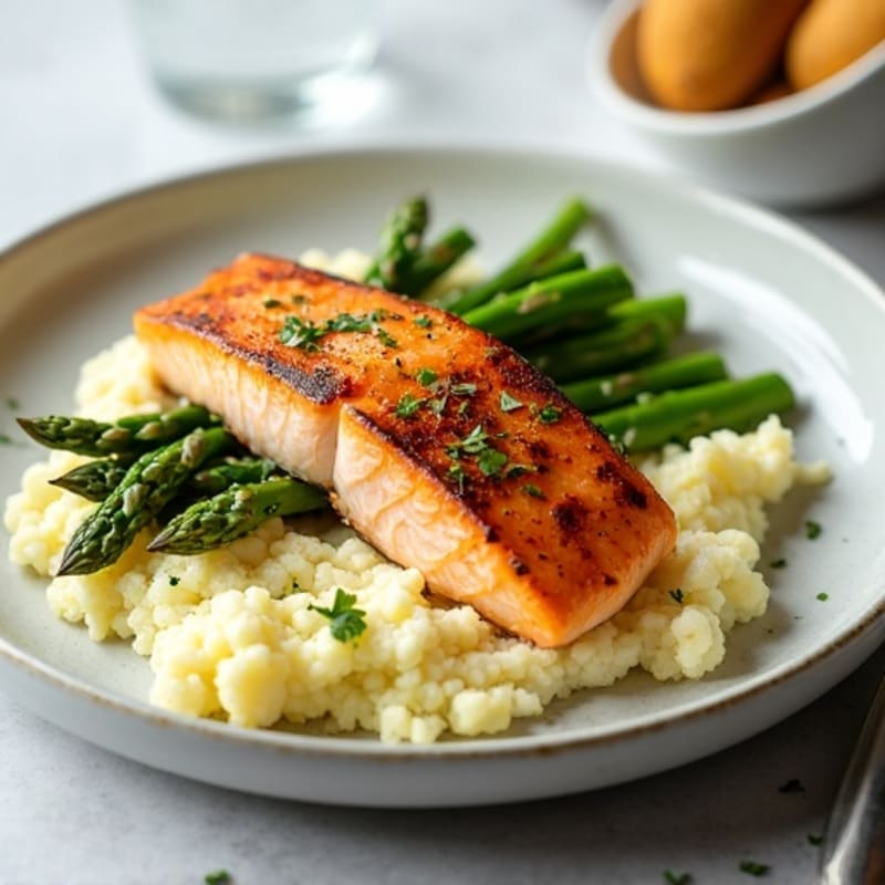Seared Salmon with Steamed Asparagus and Mashed Cauliflower