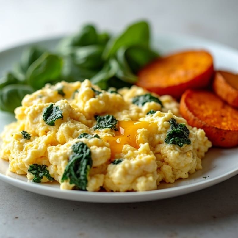 Chicken Egg White Scramble with Spinach and Roasted Sweet Potatoes