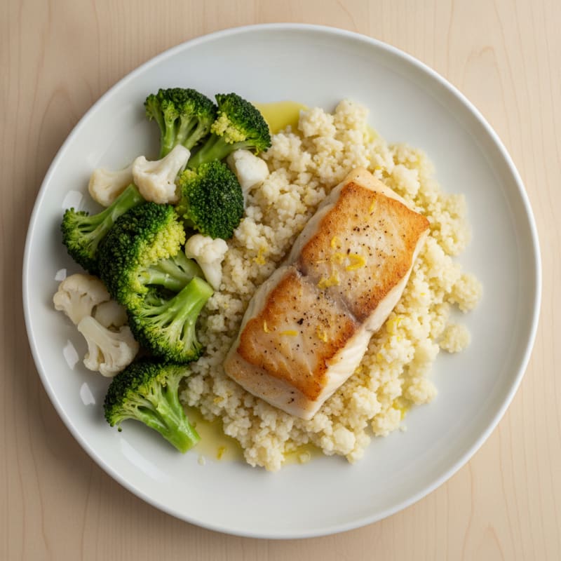 Seared Cod Fillet with Steamed Broccoli and Cauliflower Rice