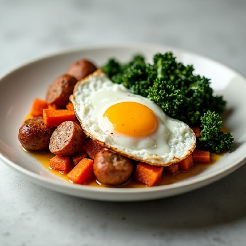 Crispy Sweet Potato and Sausage Hash with Sautéed Kale and Fried Eggs