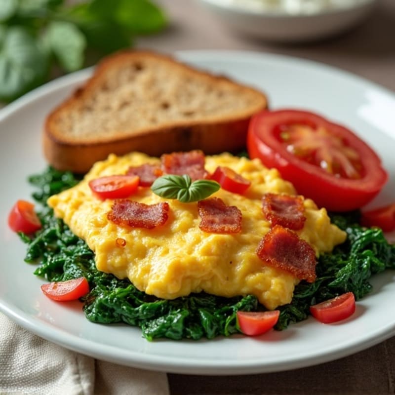 Crispy Turkey Bacon and Egg White Scramble with Sautéed Spinach