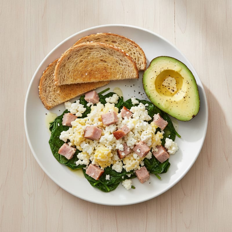 Cottage Cheese Scramble with Smoked Turkey and Sautéed Spinach