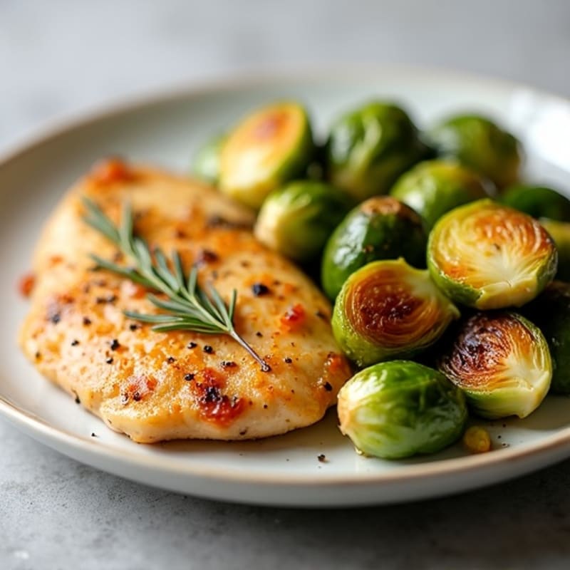 Lemon Garlic Pan-Seared Chicken with Crispy Roasted Brussels Sprouts