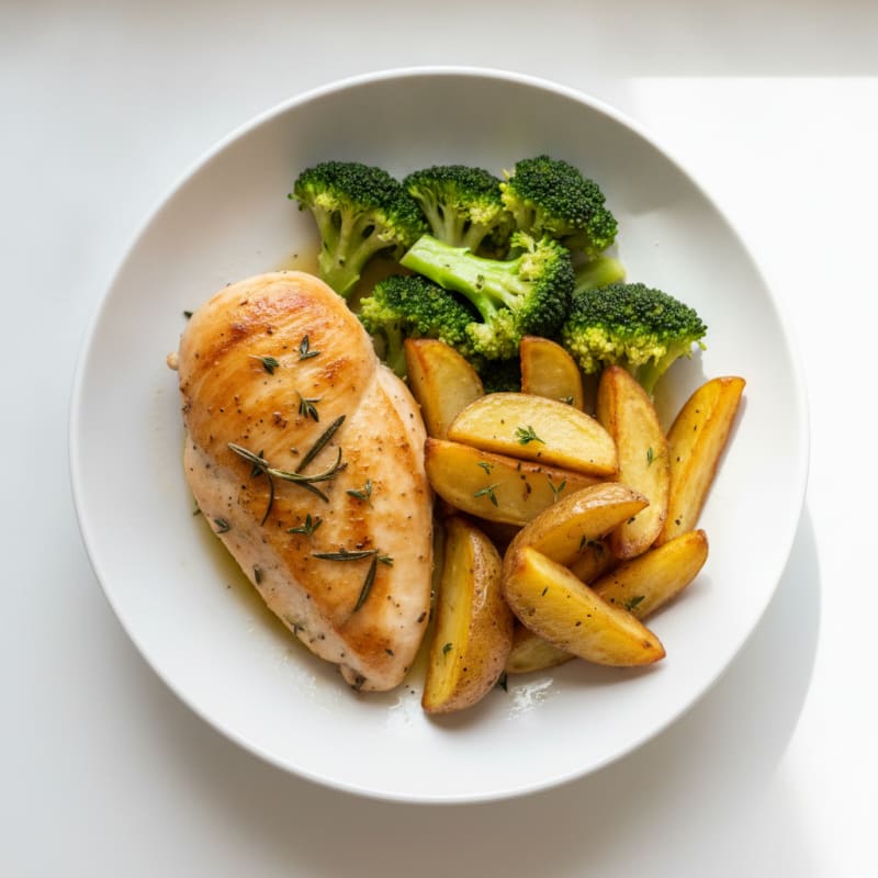 Herb-Roasted Chicken Breast with Crispy Potatoes and Steamed Vegetables