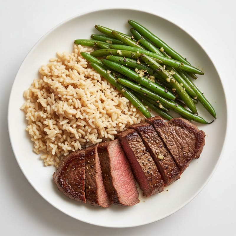 Seared Lean Beef Steak with Garlic Green Beans and Brown Rice