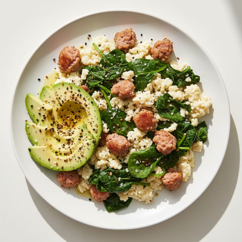 Scrambled Egg Whites with Turkey Sausage and Sautéed Spinach