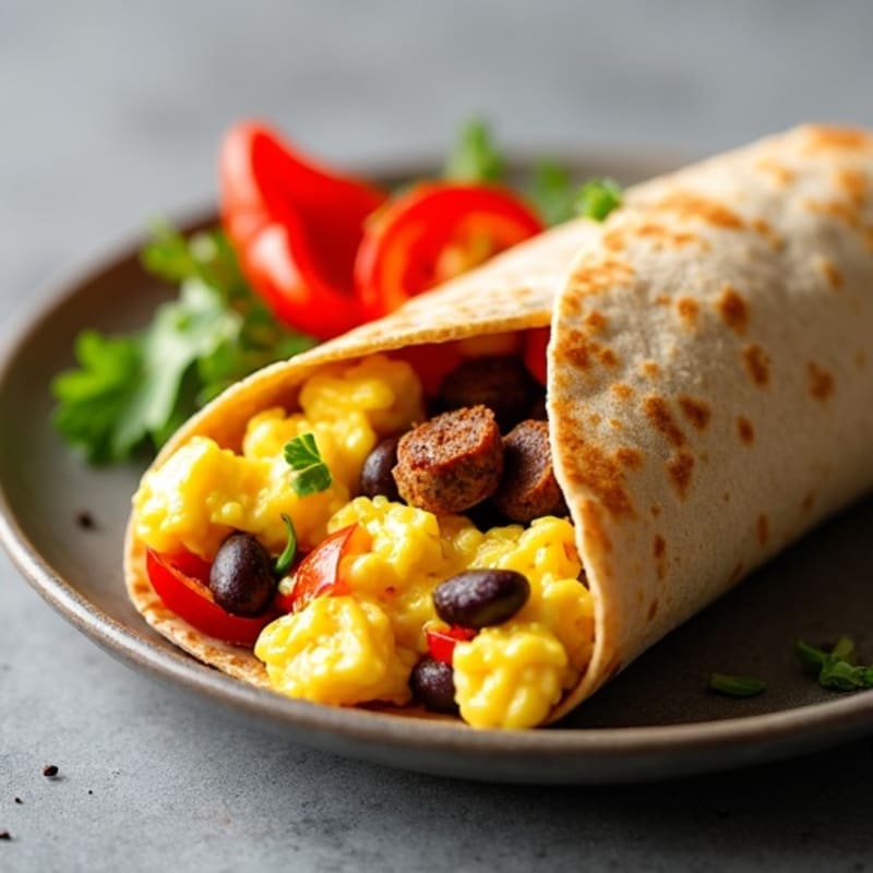 Hearty Scrambled Egg and Lean Turkey Sausage Burrito with Black Beans and Crispy Bell Peppers