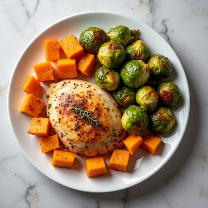 Roasted Sweet Potato and Chicken with Crispy Brussels Sprouts
