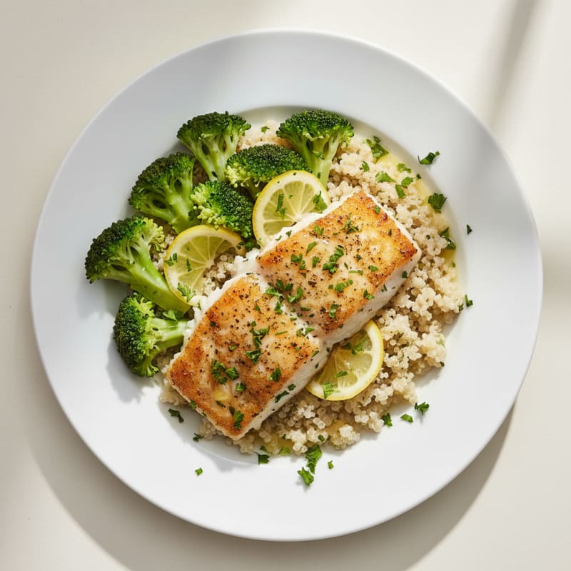 Herb-Roasted Cod with Steamed Broccoli and Quinoa