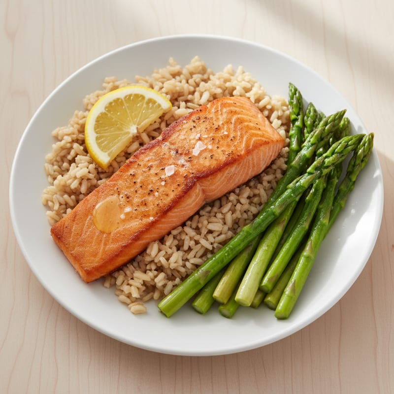 Seared Salmon Fillet with Steamed Asparagus and Brown Rice