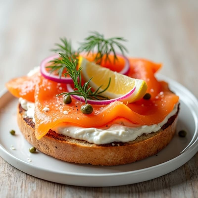 Open-Face Smoked Salmon with Herbed Cream Cheese on Toasted Everything Bagel