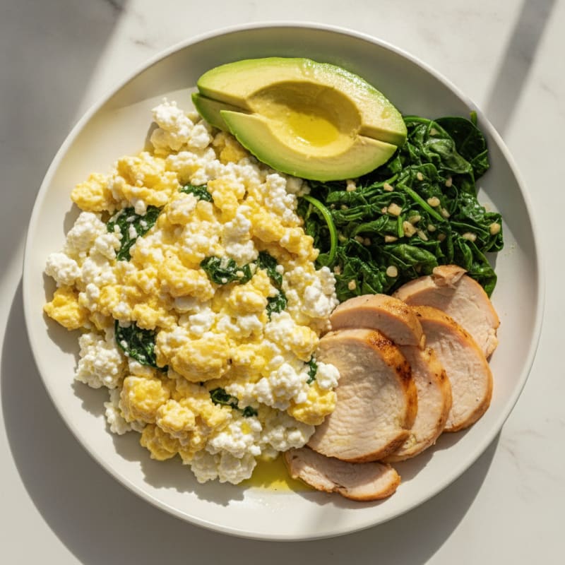 Cottage Cheese Scramble with Sautéed Spinach and Roasted Turkey Breast