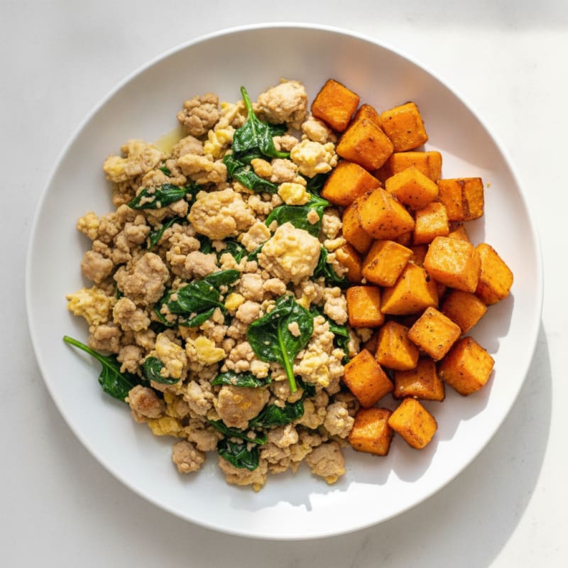 Turkey Spinach Scramble with Roasted Sweet Potatoes