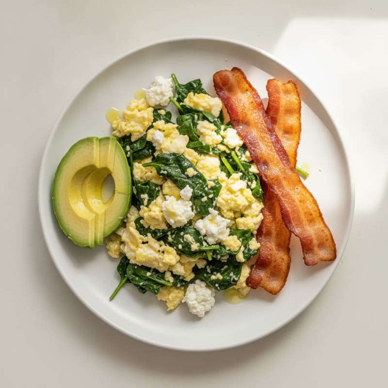 Egg White and Spinach Scramble with Cottage Cheese and Turkey Bacon