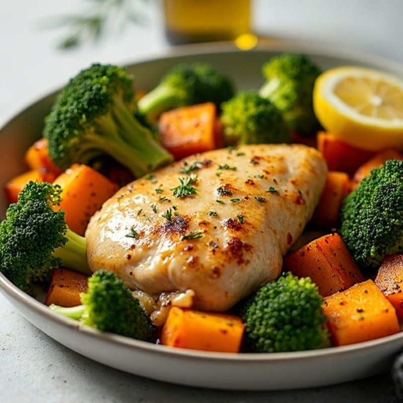 Sheet Pan Lemon Herb Roasted Chicken and Crispy Broccoli with Sweet Potatoes