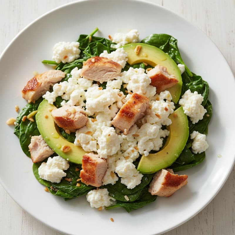 Egg White and Cottage Cheese Scramble with Turkey Breast and Sautéed Spinach