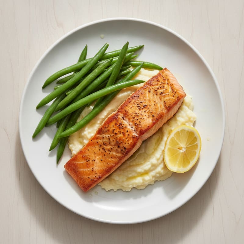 Pan Seared Salmon with Steamed Green Beans and Garlic Cauliflower Mash