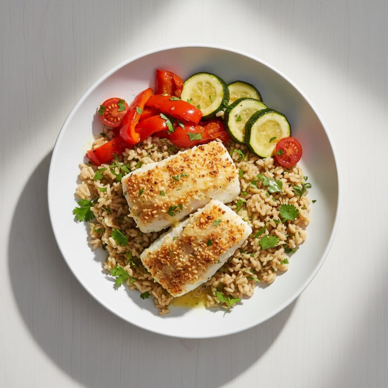 Crispy Baked Fish with Roasted Vegetables and Herb Rice