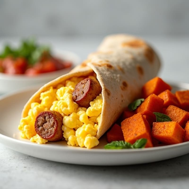 Scrambled Egg and Turkey Sausage Burrito with Roasted Sweet Potatoes