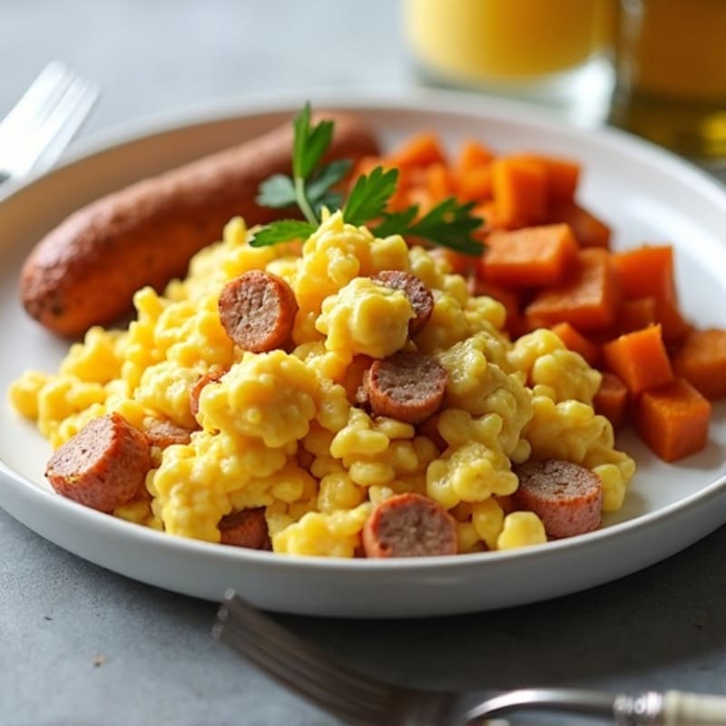 Egg White and Turkey Sausage Scramble with Roasted Sweet Potatoes