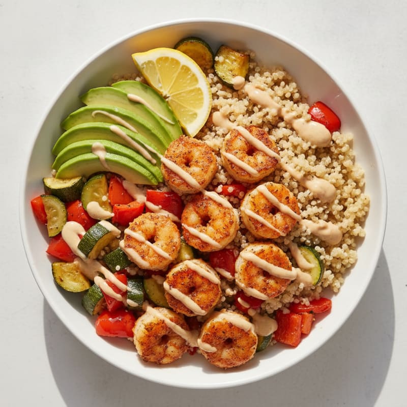 Crispy Shrimp and Quinoa Power Bowl with Roasted Vegetables