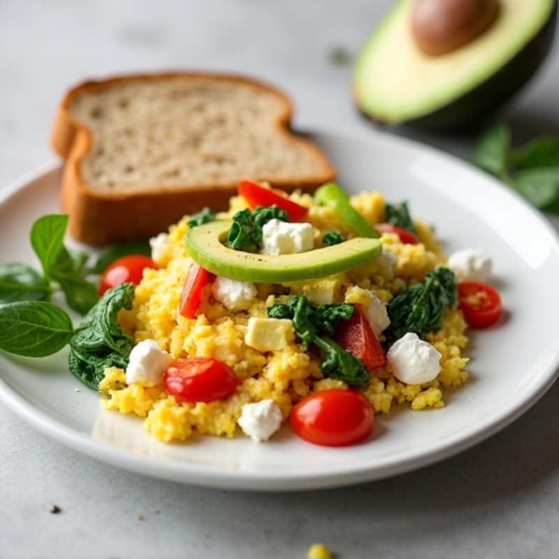 Egg White Veggie Scramble with Cottage Cheese and Sliced Turkey