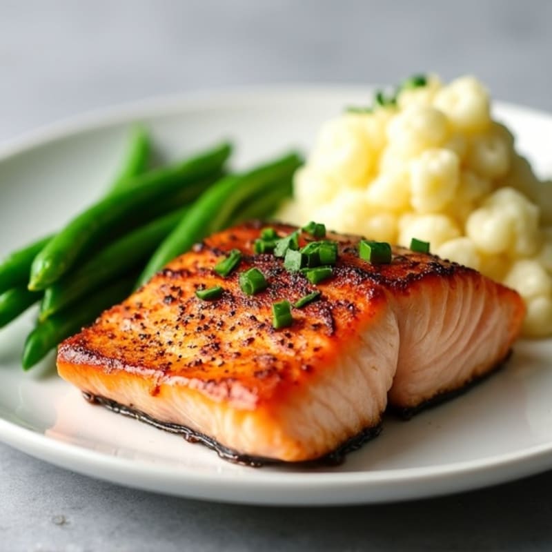 Seared Salmon with Steamed Green Beans and Garlic Mashed Cauliflower