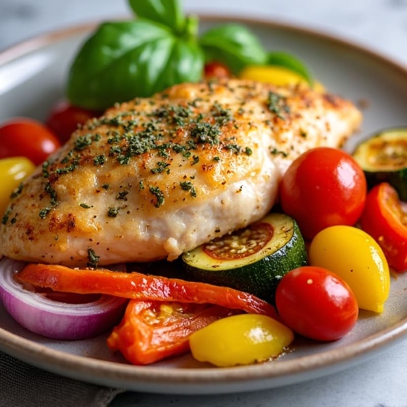 Herb-Crusted Sheet Pan Chicken with Roasted Rainbow Vegetables