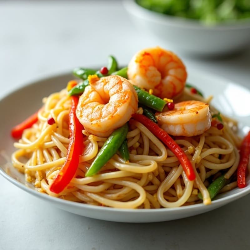 Pan-Seared Garlic Ginger Shrimp with Silky Rice Noodles and Crisp Vegetables