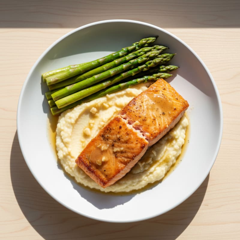 Seared Salmon Fillet with Steamed Asparagus and Cauliflower Mash