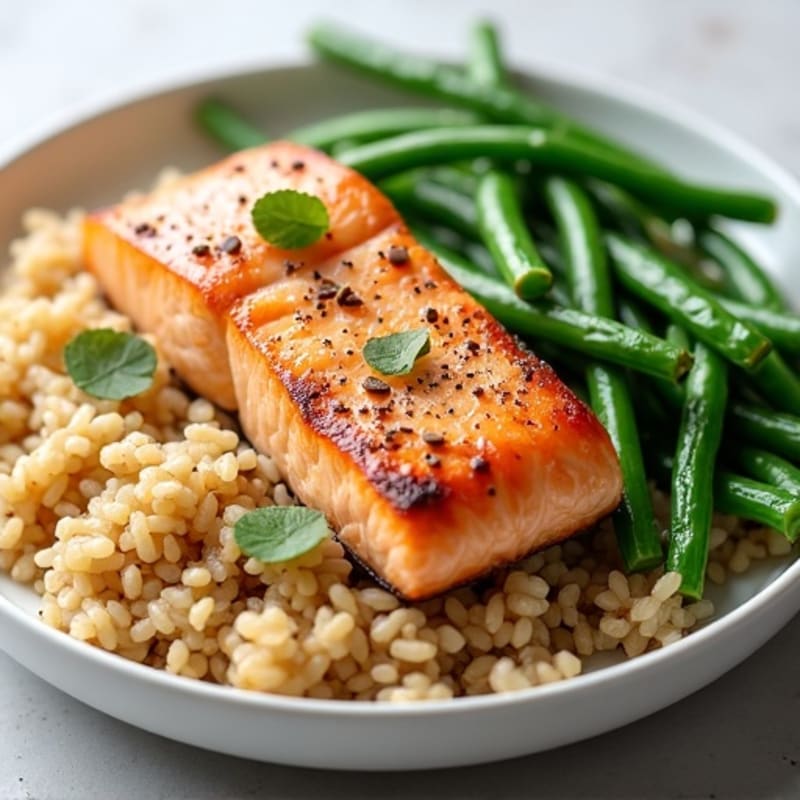 Seared Salmon with Garlic Green Beans and Brown Rice