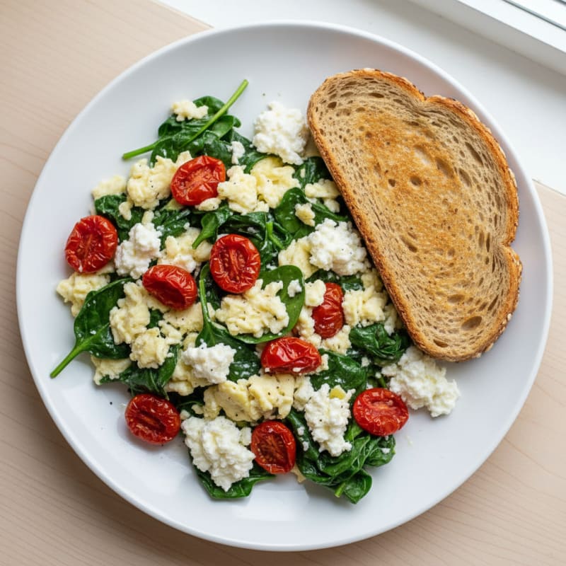 Egg White Spinach Scramble with Cottage Cheese and Tomatoes