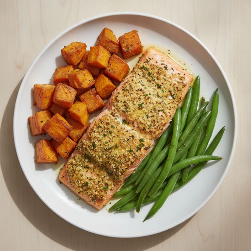 Herb-Crusted Salmon with Roasted Sweet Potatoes and Green Beans