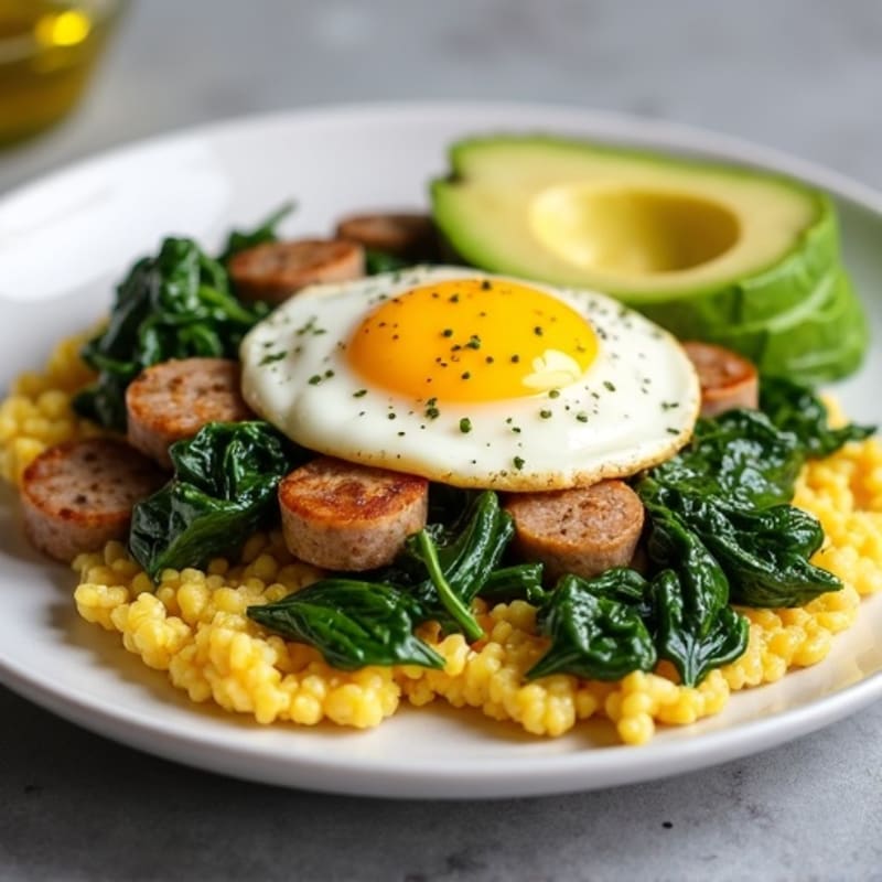 Egg White and Turkey Sausage Scramble with Sautéed Spinach