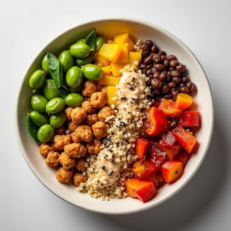 Hearty Roasted Vegetable & Crispy Chickpea Grain Bowl with Creamy Tahini