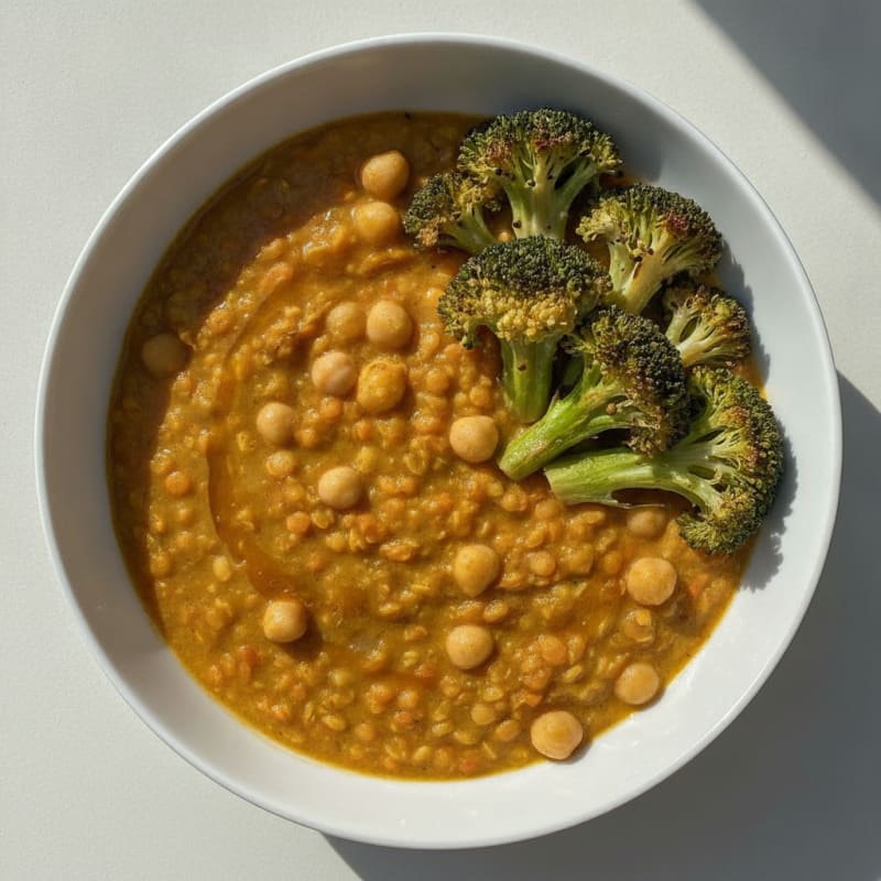 Creamy Lentil and Chickpea Stew with Roasted Broccoli