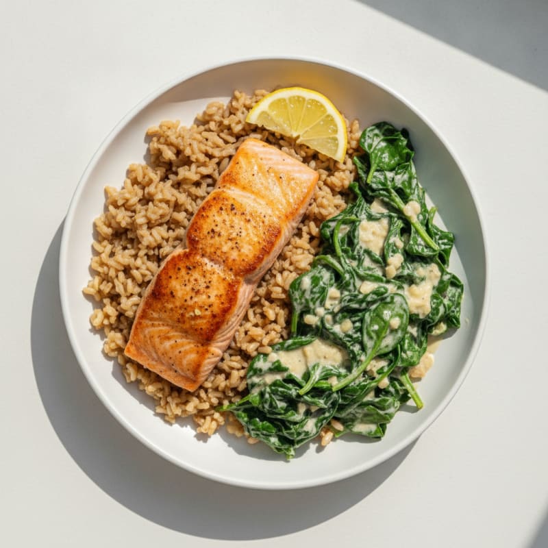 Seared Salmon with Creamy Garlic Spinach and Brown Rice