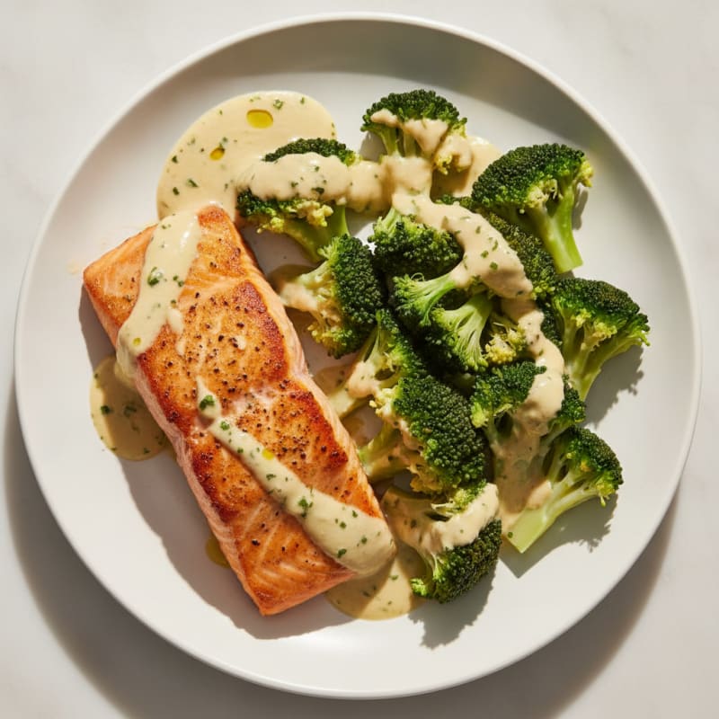 Seared Salmon with Steamed Broccoli and Lemon Tahini Drizzle