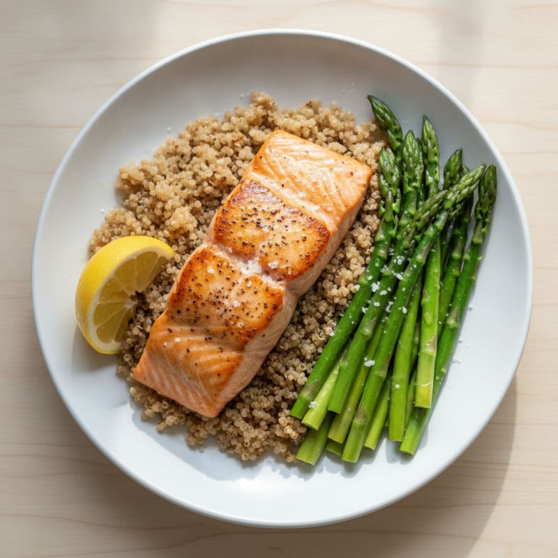Seared Salmon with Steamed Asparagus and Quinoa