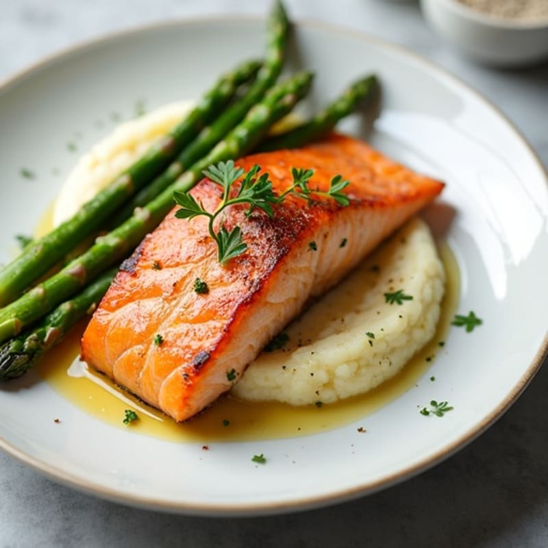 Seared Salmon with Steamed Asparagus and Cauliflower Mash
