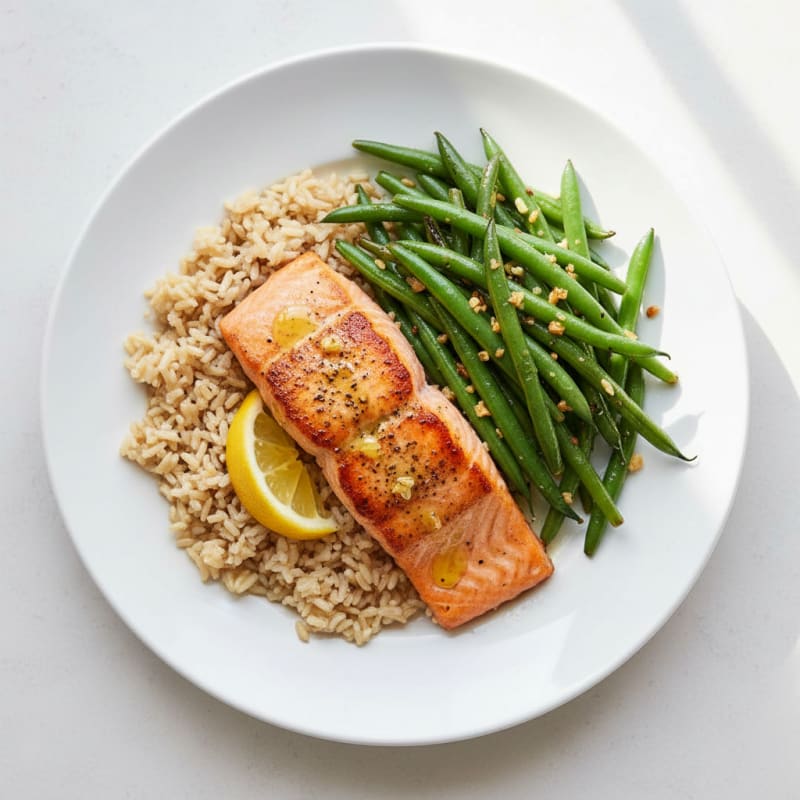 Seared Salmon Fillet with Garlic Green Beans and Brown Rice