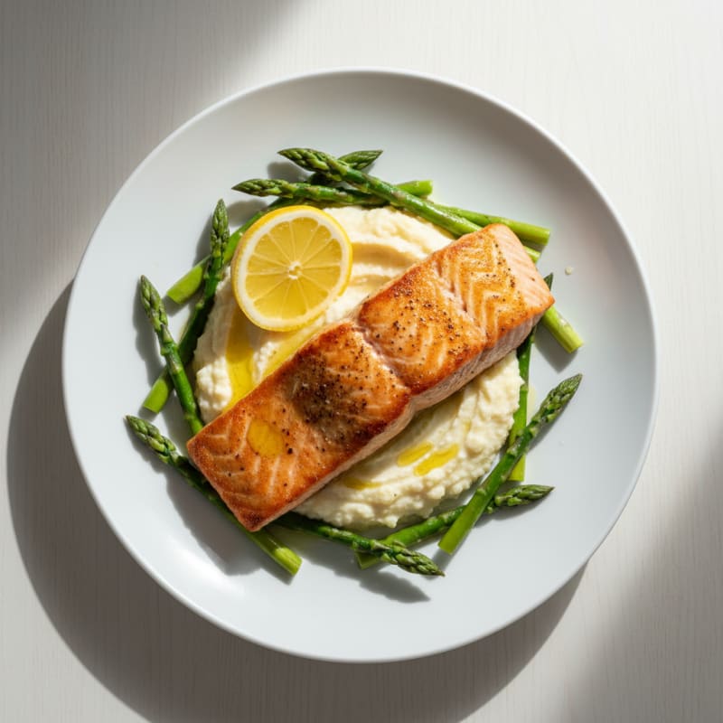 Seared Salmon Fillet with Steamed Asparagus and Cauliflower Mash