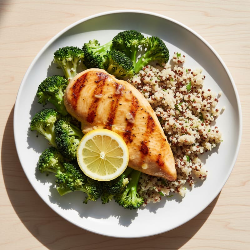 Grilled Chicken Breast with Steamed Broccoli and Quinoa