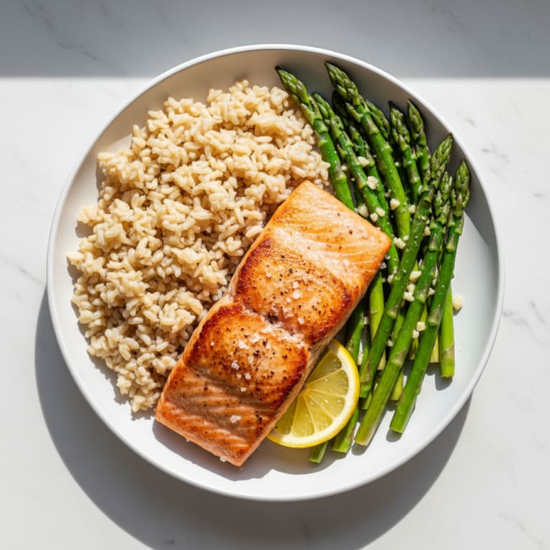 Seared Salmon with Steamed Asparagus and Brown Rice