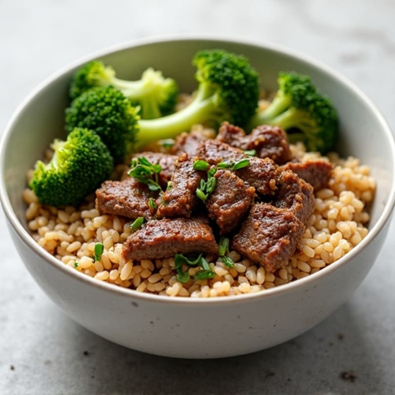 Lean Beef and Crispy Broccoli Brown Rice Bowl