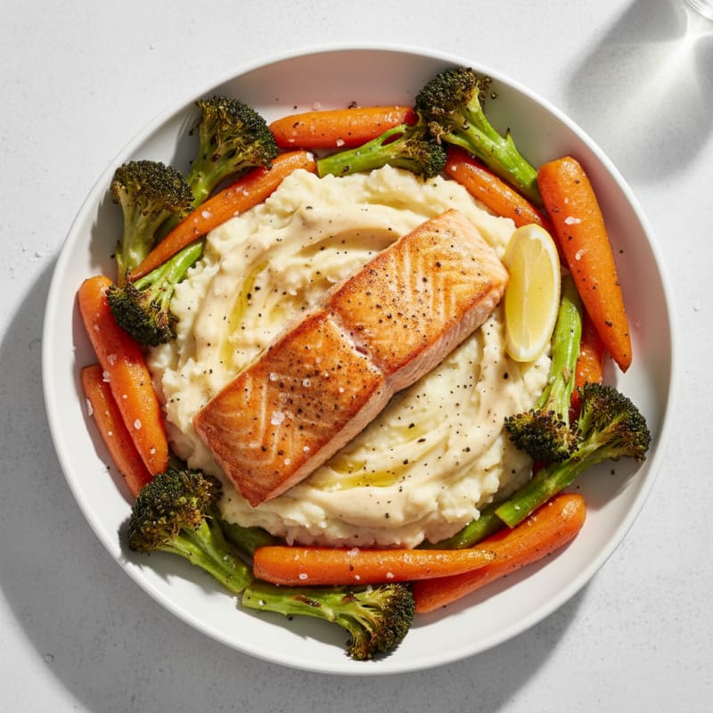 Pan-Seared Salmon with Creamy Mash and Roasted Vegetables
