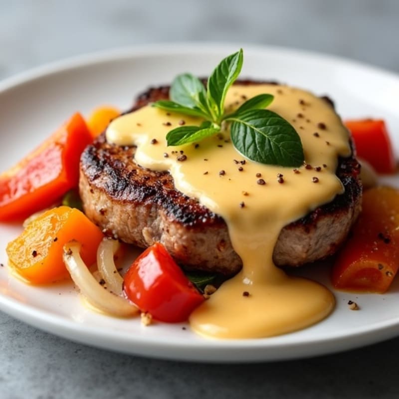 Seared Steak with Sautéed Peppers, Onions, and Creamy Cheese Sauce