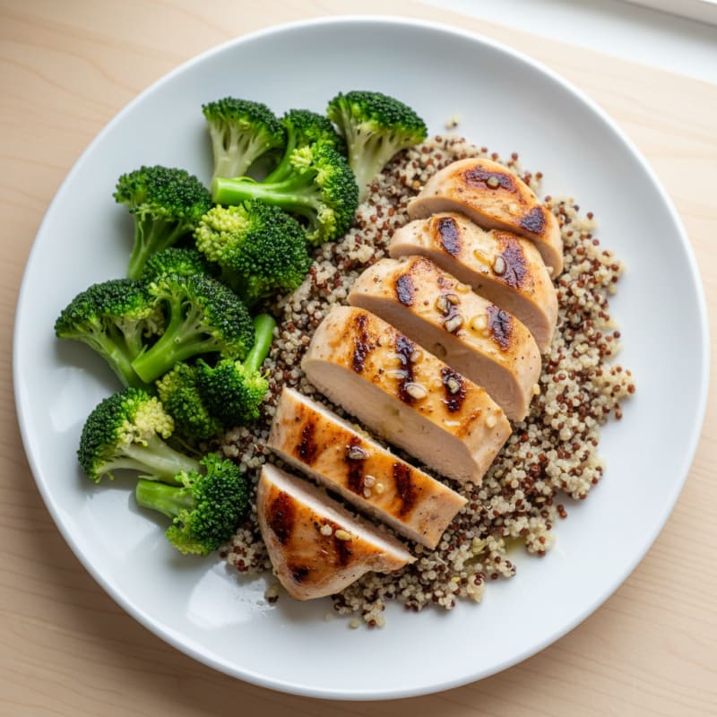 Grilled Lemon Garlic Chicken Breast with Quinoa and Steamed Broccoli