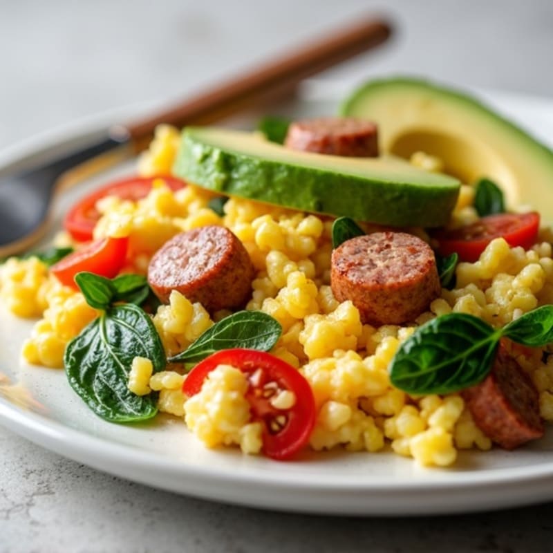 Egg White Scramble with Turkey Sausage and Cottage Cheese