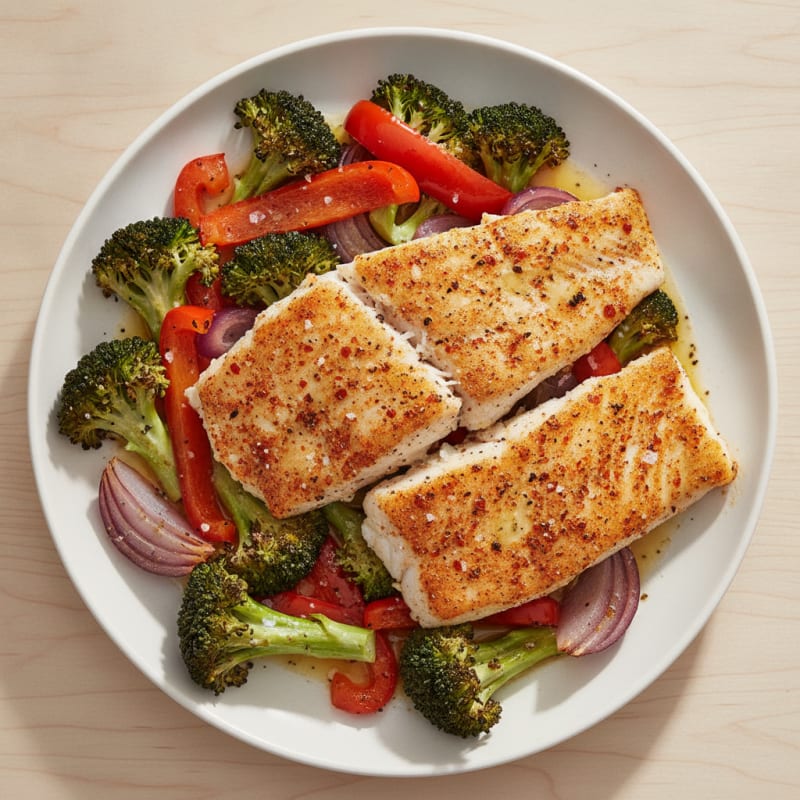 Spicy Pan-Seared Fish with Roasted Vegetables